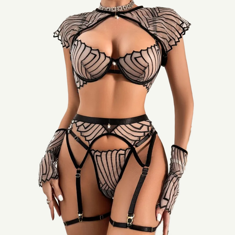Schwarzes geometrisch bestickt – Garter Belt Set Bewertung und Preis
